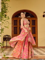 Printed Organza Choli With Lehenga & Dupatta