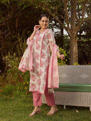 Printed Cotton Blend Kurta With Pants & Dupatta