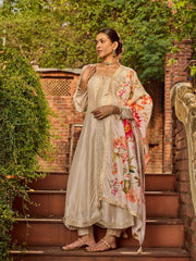 Neck Work Art Silk Kurta With Pant & Printed Dupatta