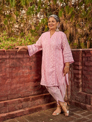 Schiffli Work Cotton Blend Kurta With Dhoti