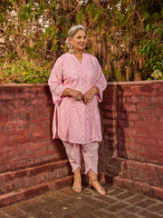 Schiffli Work Cotton Blend Kurta With Dhoti