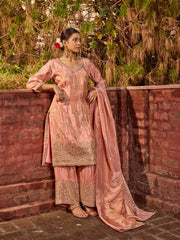 Bead Work Tissue Kurta With Palazzo & Dupatta