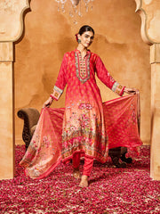 Embroidered Cotton Blend Kurta With Pants & Dupatta