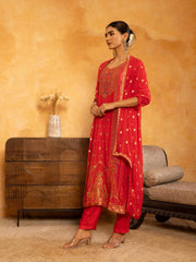 Printed Art Silk Kurta With Pants & Dupatta