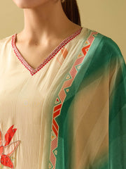 Neck Embroidery Crepe Kurta With Pants & Dupatta