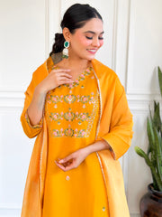 Neck Embroidery Cotton Blend Kurta With Pants & Dupatta
