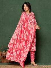 Printed Cotton Blend Kurta With Pants & Dupatta