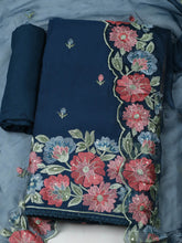 Embroidered Chanderi Blue Unstitched Suit With Pant & Dupatta