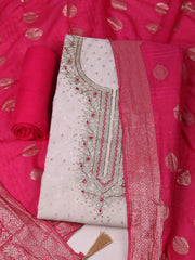 Embroidered Chanderi Unstitched Suit With Pant & Dupatta
