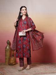 Embroidered Cotton Kurta With Pant & Dupatta