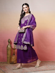 Embroidered Georgette Kurta With Sharara & Dupatta