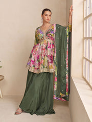 Embroidered Chinnon Kurti With Gharara & Dupatta