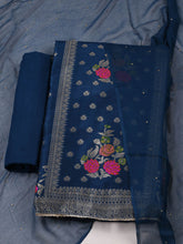 Woven Design Chanderi Navy Blue Unstitched Suit With Pant & Dupatta