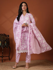 Printed Cotton Blend Kurta With Pant & Dupatta