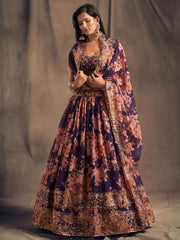 Floral Printed Zari Embroidered Unstitched Lehenga Set