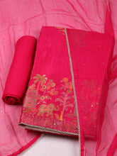 Woven Design Chanderi Rani Unstitched Suit With Pant & Dupatta