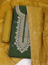 Embroidered Chanderi Mehndi Unstitched Suit With Pant & Dupatta