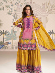 Embroidered Crepe Kurti With Plazzo & Dupatta