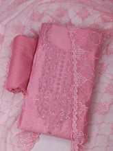 Embroidered Chanderi Pink Unstitched Suit With Pant & Dupatta
