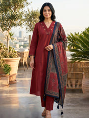 Embroidered Cotton Blend Kurta With Pant & Dupatta