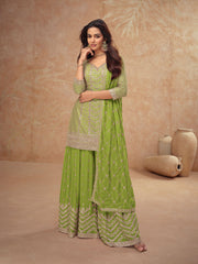 Embroidered Chinon Kurta With Plazzo & Dupatta