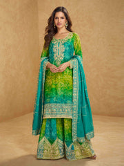 Embroidered Chinon Kurta With Plazzo & Dupatta