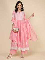 Embroidered Cotton Blend Kurta With Pants & Dupatta