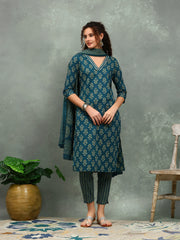 Printed Cotton Blend Kurta With Pants & Dupatta