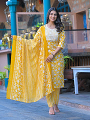 Floral Printed Cotton Kurta With Pants & Dupatta