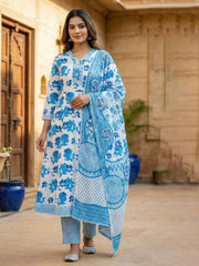 Printed Cotton Blend Kurta With Pant & Dupatta