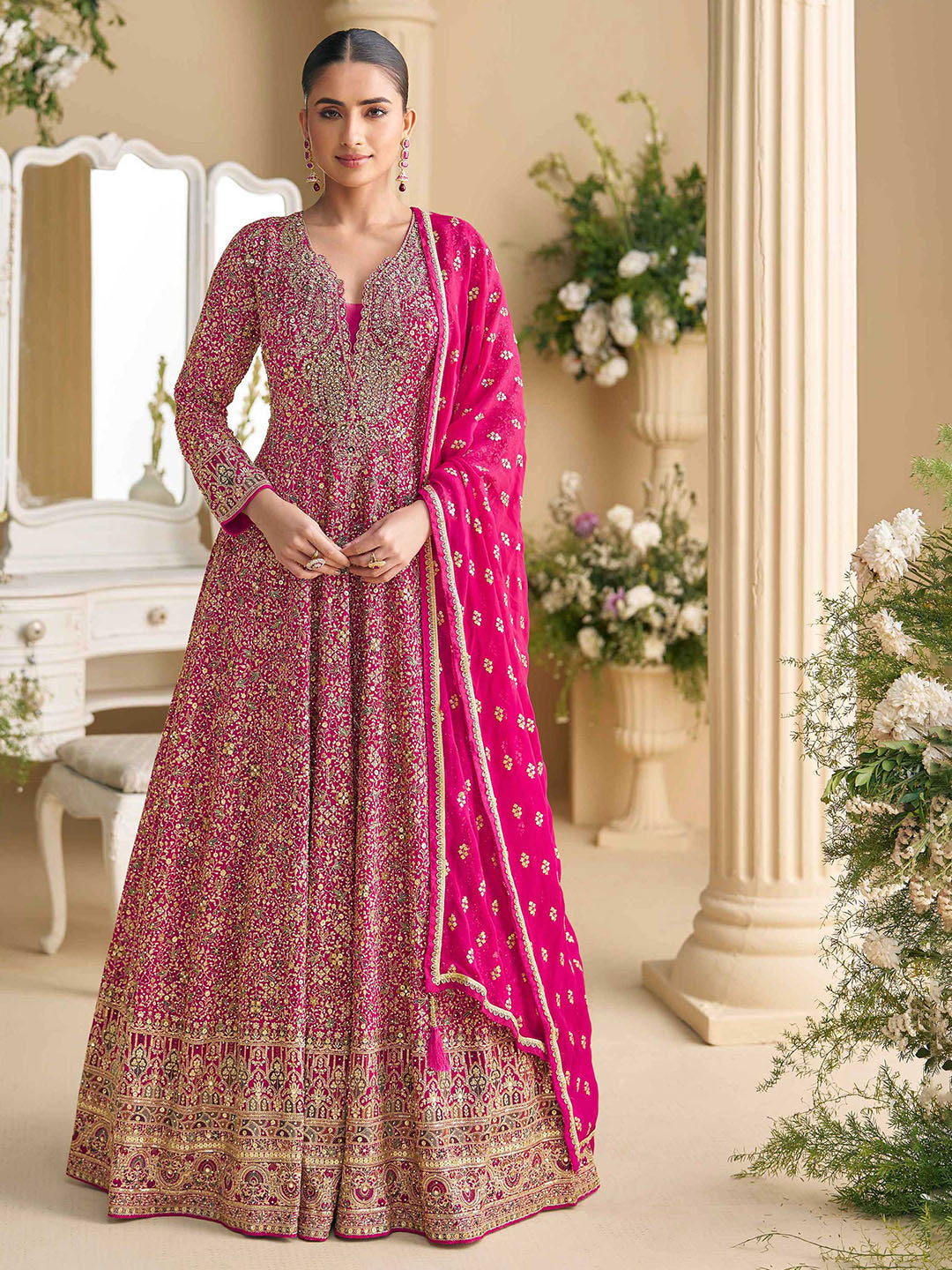 Embroidered Georgette A Line Dress With Dupatta RANI / M