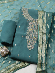 Embroidered Chanderi Unstitched Suit With Pant & Dupatta