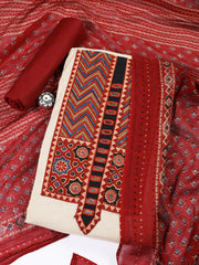 Patch Neck Cotton Blend Unstitched Suit With Dupatta