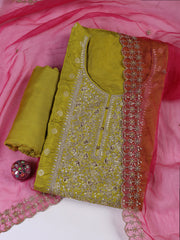 Embroidered Chanderi Unstitched Suit With Dupatta