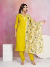 Plain Cotton Blend Kurta With Pants & Dupatta