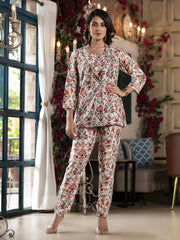 Printed Cotton Blend Top With Pants & Jacket
