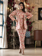 Printed Cotton Blend Top With Pants & Jacket