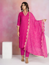 Bandhani Printed Cotton Blend Kurta With Pants & Dupatta