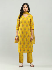 Printed Cotton Blend Kurta With Pants & Dupatta
