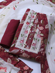 Patch Neck Cotton Blend Unstitched Suit Piece With Dupatta