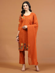 Embroidered Cotton Blend Kurta With Pants & Dupatta