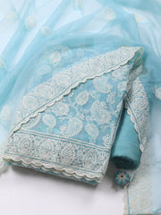 Thread Embroidery Organza Unstitched Suit Piece With Dupatta