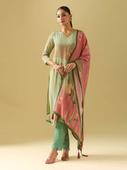 Neck Embroidery Crepe Kurta With Pants & Dupatta