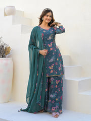 Neck Embroidered Georgette Kurta With Sharara And Dupatta