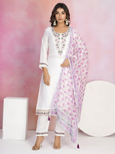 Neck Embroidery Cotton Blend Kurta With Pants & Dupatta
