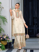 Neck Embroidery Art Silk Kurta With Sharara And Dupatta