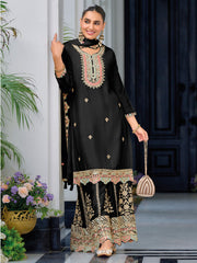 Neck Embroidery Art Silk Kurta With Sharara And Dupatta