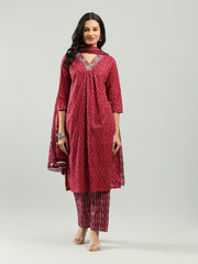 Printed Cotton Blend Kurta With Pants & Dupatta