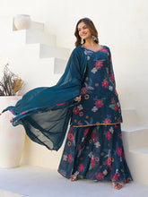 Neck Embroidered Georgette Kurta With Sharara And Dupatta