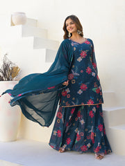 Neck Embroidered Georgette Kurta With Sharara And Dupatta